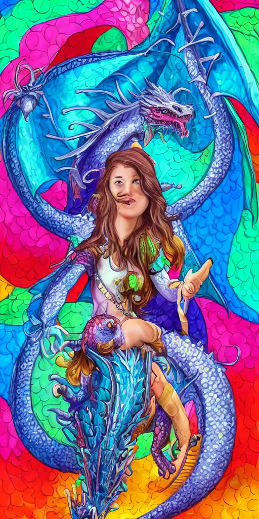 Prompt: teenage girl riding a dragon, digital art, highly detailed, smooth, lisa frank, digital painting, bright, cartoon