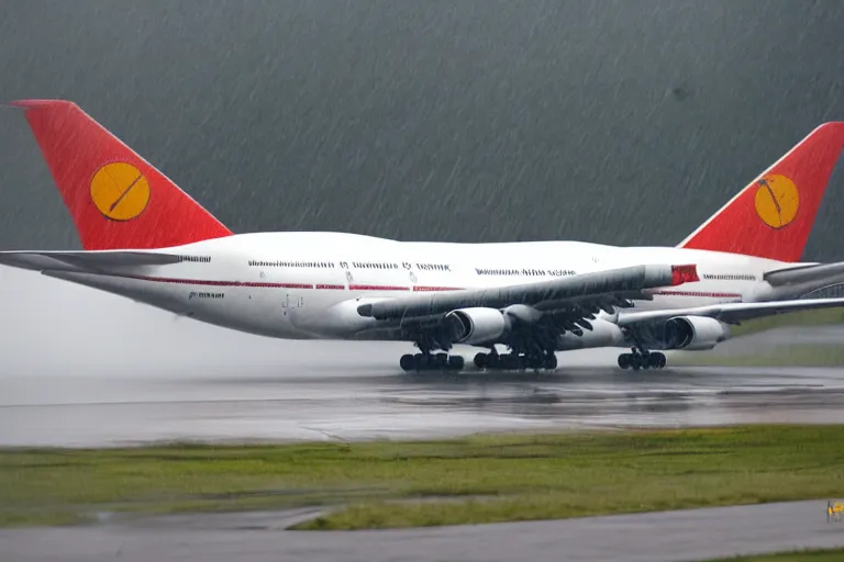 Image similar to a boeing 7 4 7 landing on a runway in heavy rain and wind, photo from a spectator, 8 k, natural lighting