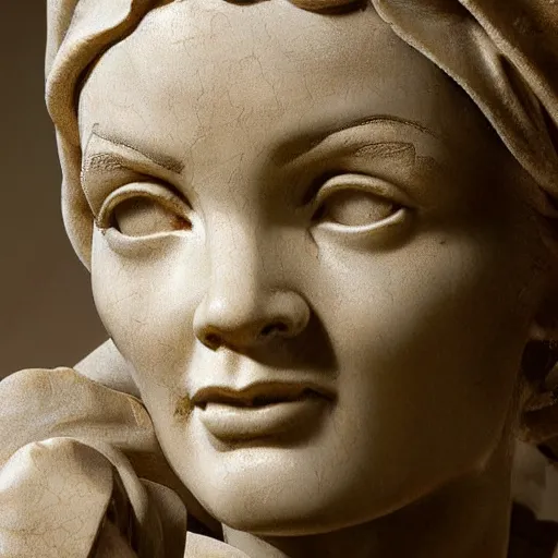 Image similar to marble statue close-up of Rosie the Riveter by Michelangelo, intricate details, soft lighting