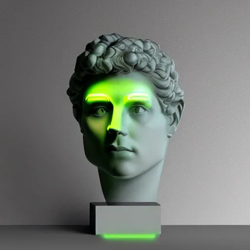 Image similar to 3 d renaissance statue head mixed with neon art, highly detailed