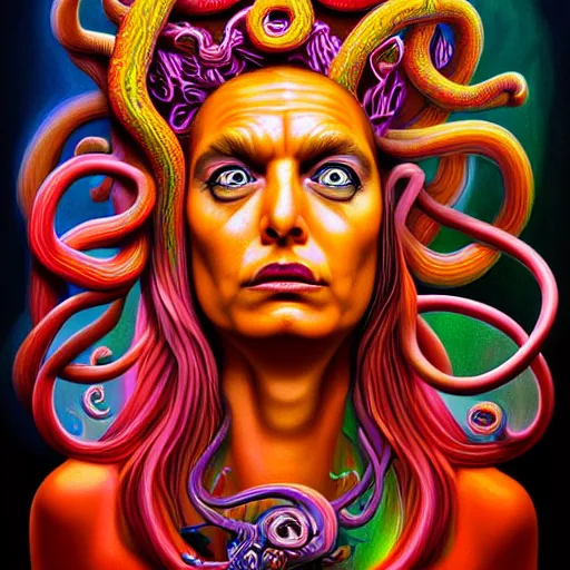 Image similar to an extremely psychedelic portrait of medusa as donald trump, surreal, lsd, face, detailed, intricate, elegant, lithe, highly detailed, digital painting, artstation, concept art, smooth, sharp focus, illustration