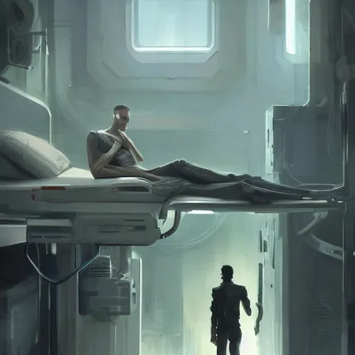 Image similar to concept art by greg rutkowski, very tall and slender young man waking up in a hospital bed, futuristic and high - tech setting but desolate and dimly lit, scifi, highly detailed portrait, digital painting, artstation, concept art, smooth, sharp foccus ilustration, artstation hq