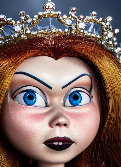Image similar to closeup face profile portrait of a tin toy greta thunberg as the bride of chucky as a fairytale princess wearing a crown, bikini, depth of field, zeiss lens, detailed, fashion photoshoot, by nicoletta ceccoli, mark ryden, lostfish, breathtaking, 8 k resolution, extremely detailed, beautiful, establishing shot, artistic, hyperrealistic, octane render