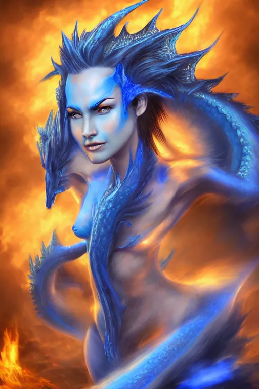 Prompt: blue flame Dragon princess, digital art, 8k ,character ,realistic, portrait, hyperrealistic