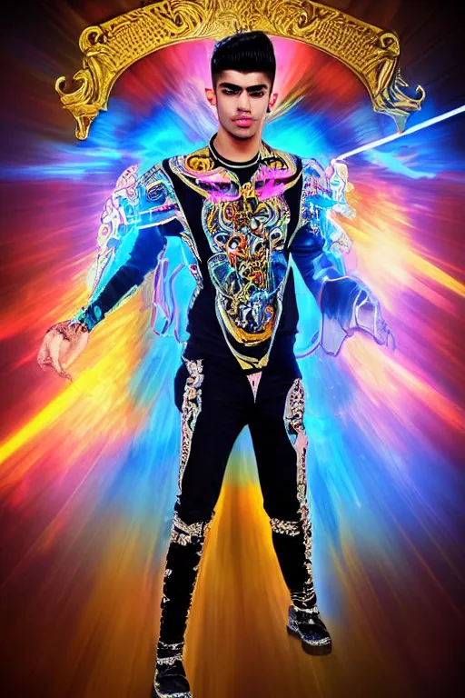 Image similar to full-body sculpture of a young handsome Zayn Malik as a mexican luchador cibernetic android with a glowing blue battery in his chest, white laser beam coming out of his eyes, crown of giant diamonds, flowing neon-colored silk, fabric, raptors, in a cyperbunk and baroque style. baroque elements. full-length view. baroque element. intricate artwork by caravaggio. many many birds birds on background. Trending on artstation, octane render, cinematic lighting from the right, hyper realism, octane render, 8k, depth of field, 3D