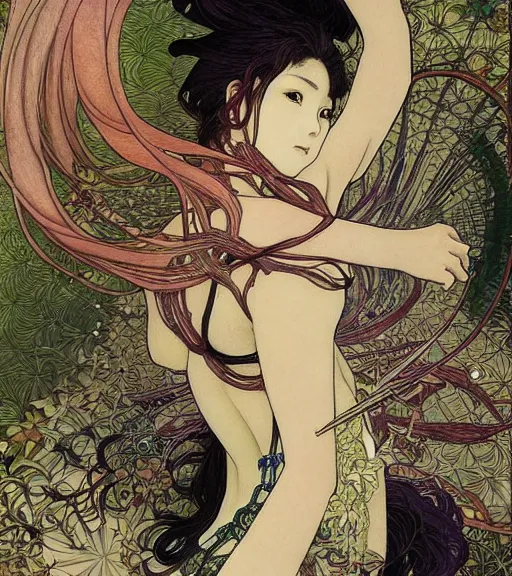 Image similar to yoshitaka amano painting of an anime woman, intricate line drawings, pen and ink, alphonse mucha, claire wendling, kentaro miura