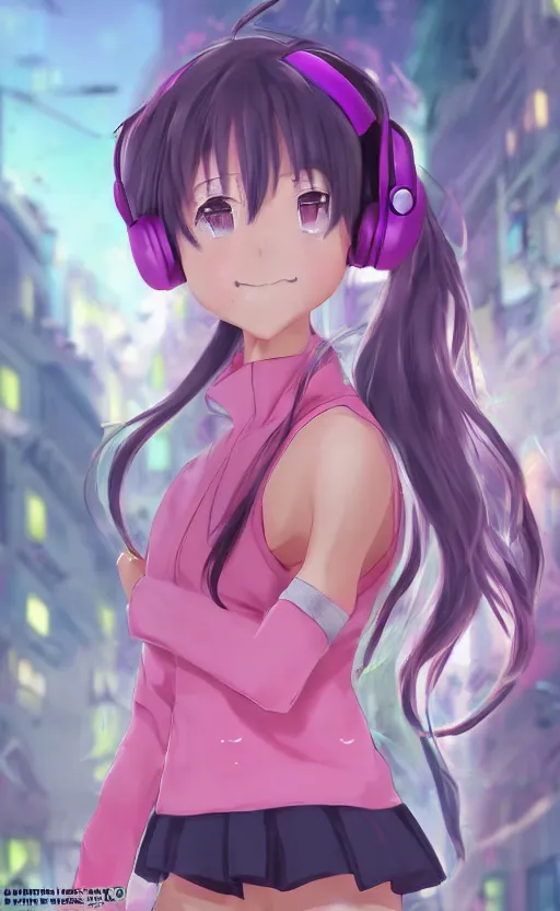 Image similar to anime girl with pink ponytail, wearing purple headphones, wearing a green sweater, with a smile on her face and her eyes closed, walking down a street, dynamic lighting, photorealistic fantasy concept art, trending on art station, very detailed, anime concept art, stunning visuals, creative, cinematic, ultra detailed