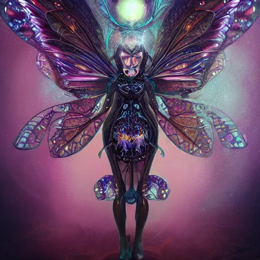 Prompt: realistic illustration of a beautiful mechanical faerie queen with glowing eyes, moth wings with geometric patterns, reflective detailed textures, highly detailed dark fantasy science fiction painting, silver and cool colors, artstation