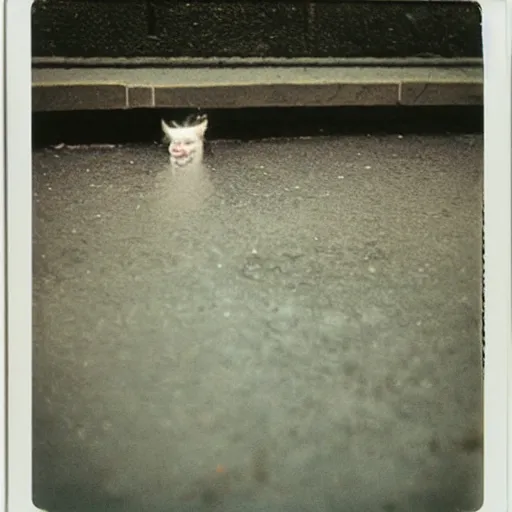 Image similar to wide-shot eyesight first-person!!! reflection!!! of a cat drinking water from the puddle at the street, polaroid photo, by Andy Warhol, signed