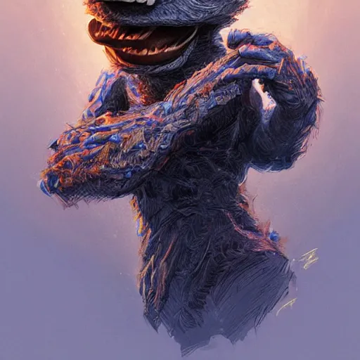 Prompt: a portrait of the cookie monster as a wizard, upper half portrait, urban motifs, intricate, elegant, highly detailed, digital painting, trending on artstation, concept art, smooth sharp focus, illustration, art by artgerm and greg rutkowski