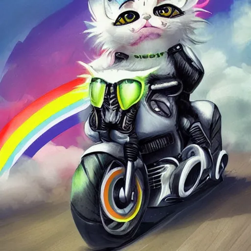 Image similar to wide angle full body, jacket wearing fluffy cute rainbow kitten wearing a black leather motorcycle jacket, riding on a motorcycle, cinematic concept art