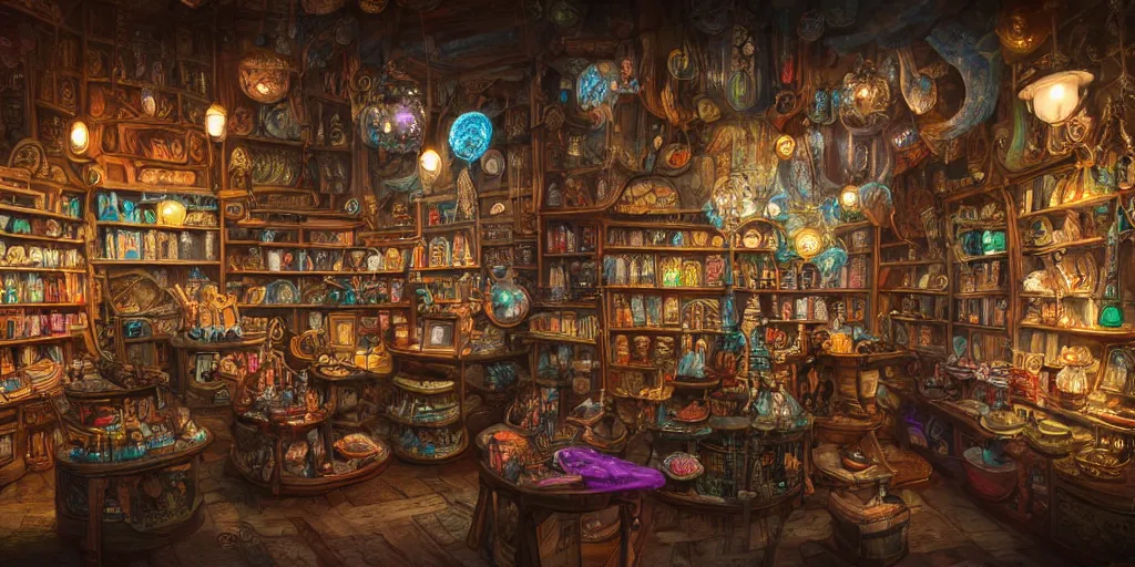 Image similar to inside an old magical shop, magic items on shelves, books, beautiful labels, fantasy vendor interior, wide angle, highly detailed, rich bright colors, trending on artstation