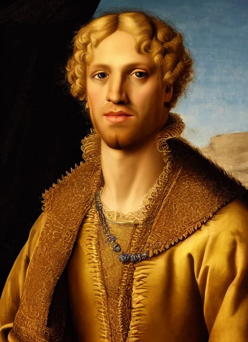 Prompt: portrait of a blond handsome man in renaissance style, High Res 8K,hyperdetailed