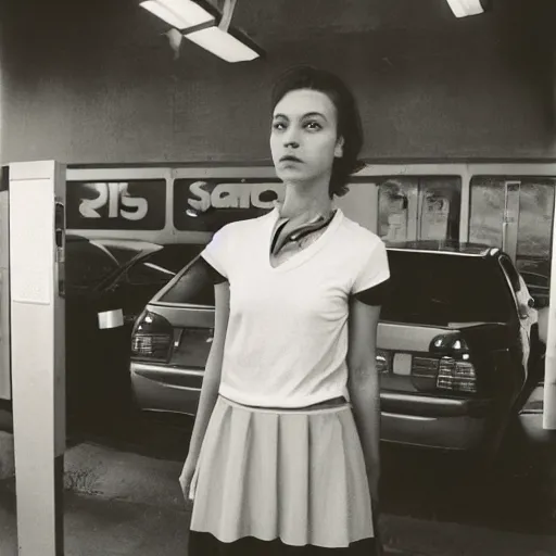 Image similar to polish woman with short hair wearing an issey miyake shirt and skirt at a gas station, polaroid, by nan goldin, jamel shabbaz, gregg araki