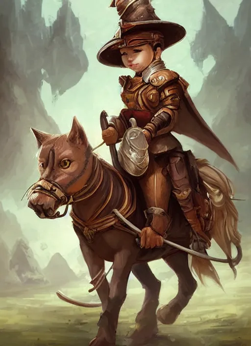 Image similar to cute little cat with wide - brimmed hat riding horse, tiny, small, miniature animal, baby animal, short, pale black armor, cute and adorable, pretty, beautiful, dnd character art portrait, matte fantasy painting, deviantart artstation, by jason felix by steve argyle by tyler jacobson by peter mohrbacher, cinematic lighting