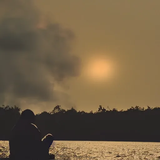 Prompt: a man sits on the beach by a lake on a dark night, throwing pieces of his life into a fire. a great massive shapeless creature of darkness is drawn across the water to the light. modern supernatural thriller aesthetic.