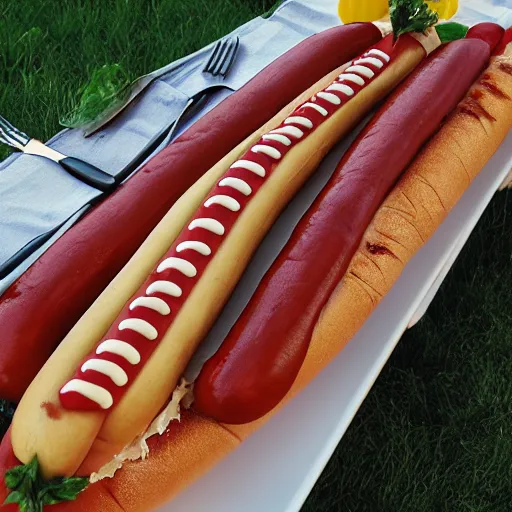 Image similar to award winning twenty meter long hotdog on a long table