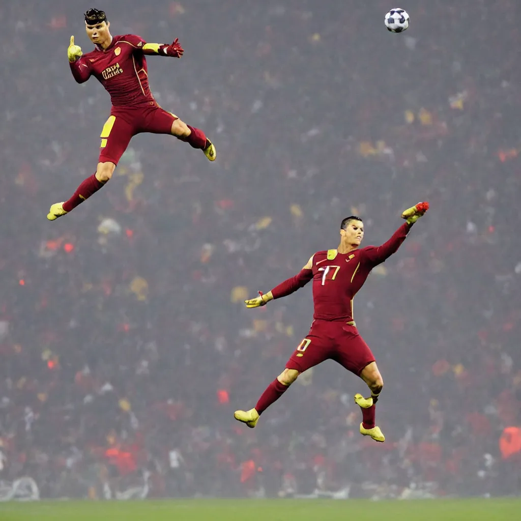 Prompt: cristiano ronaldo as iron man flying over football stadium