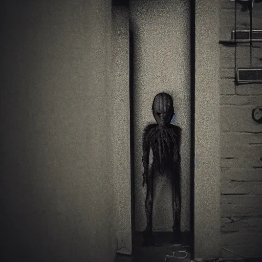 Prompt: pencil monster, dark, creepy, behind a corner, award winning eerie photo, 4 k