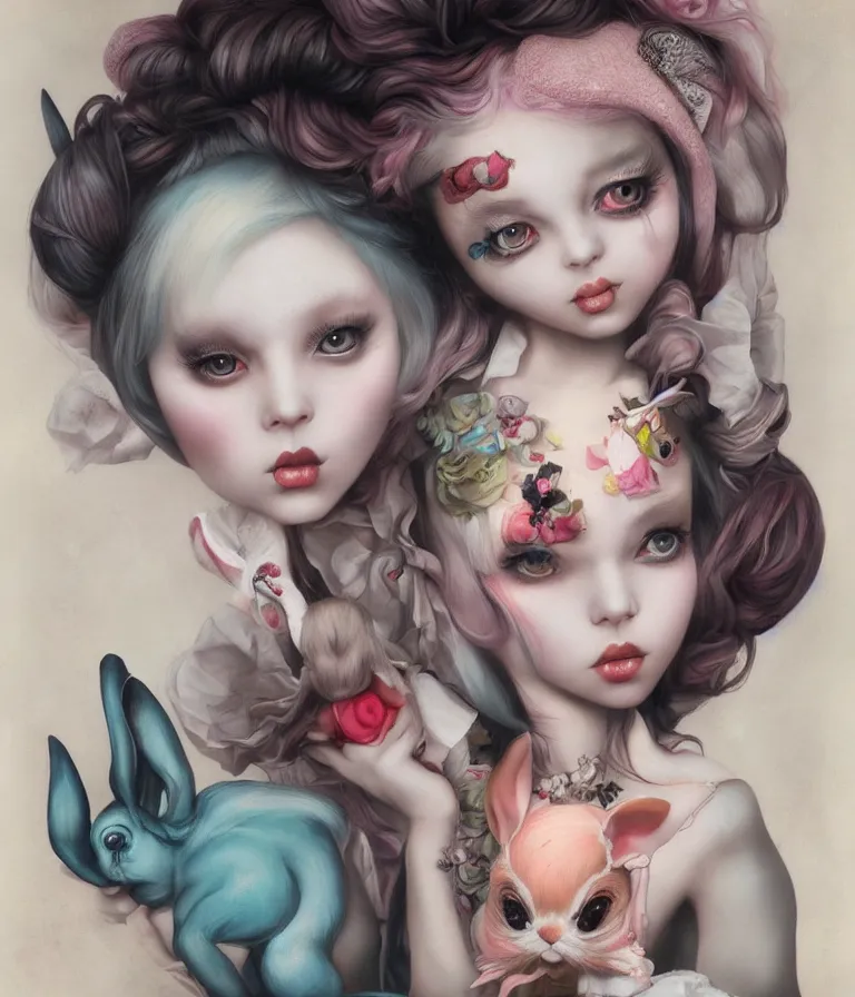 Image similar to pop surrealism, lowbrow art, realistic cute alice girl holding a bunny painting, japanese street fashion, hyper realism, muted colours, rococo, natalie shau, loreta lux, tom bagshaw, mark ryden, trevor brown style