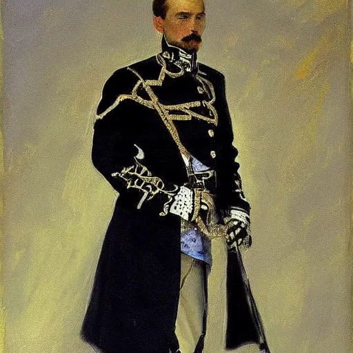 Image similar to A portrait of a skeleton in a Russian Tsar's uniform, painted by John Singer Sargent