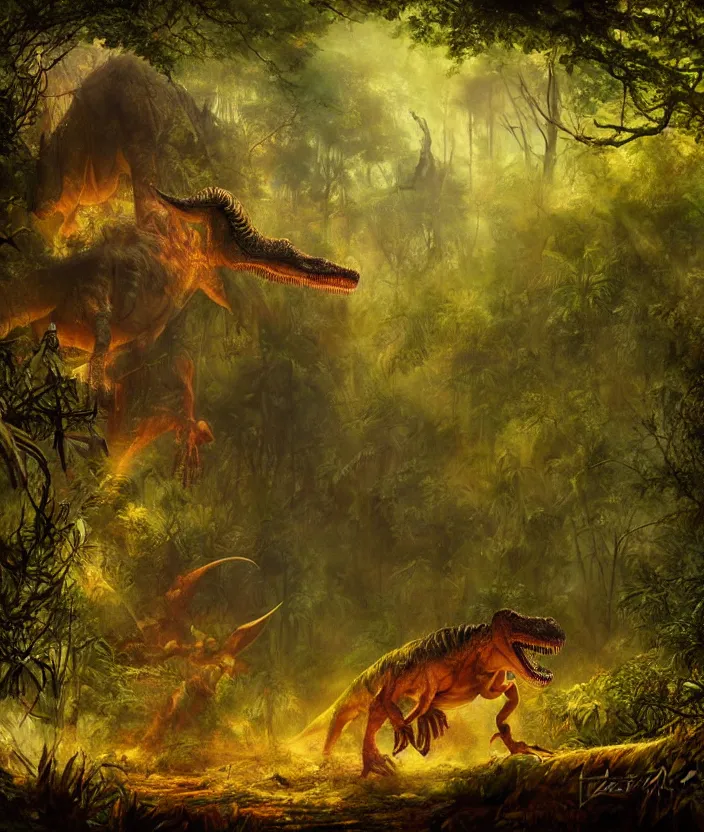 Prompt: dinosaur stalking in the jungle, mysterious, fantasy artwork, godrays, warm colors, by seb mckinnon