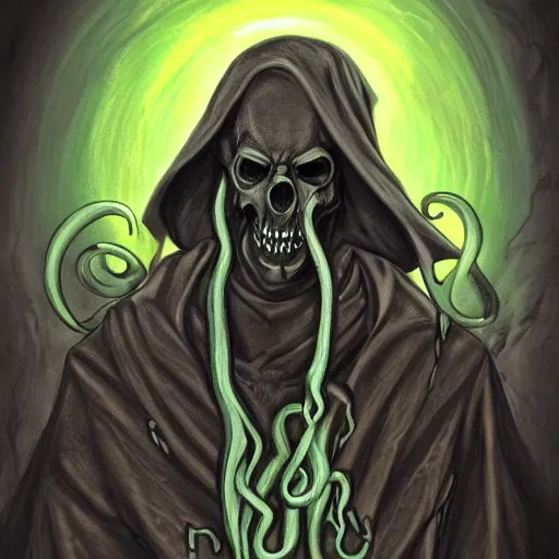 Image similar to grim reaper with tentacles growing from his face, lovecraft, fantasy