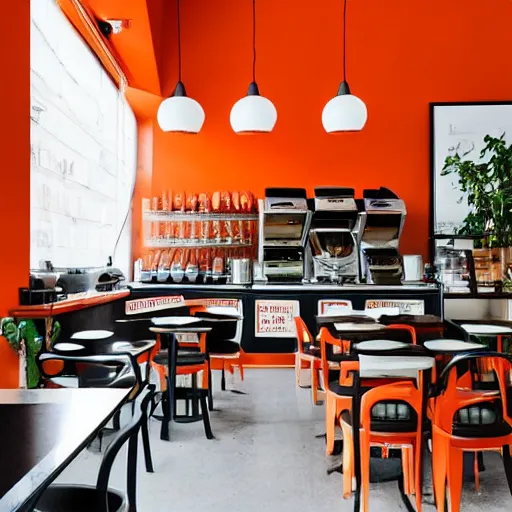 Prompt: a modern coffee shop interior, with orange walls, the entire coffee shop is designed after foxes, realistic photo