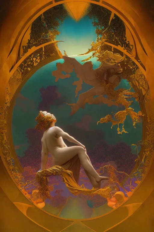 Prompt: the dream within a dream, perfect symmetry, by maxfield parrish, by gustave dore, by peter mohrbacher, by alphonse mucha, sharp focus, vivid color, rainbowshift, octane render, cgi, rule of thirds