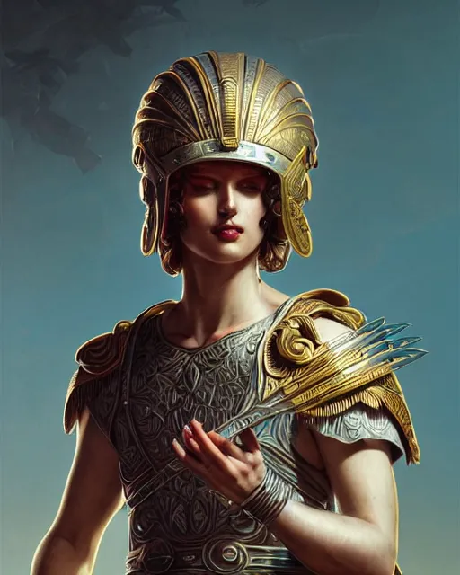 Prompt: Energetic rock guitarist wearing a roman helmet, art deco, fantasy, intricate art deco leaf designs, elegant, highly detailed, sharp focus, art by Artgerm and Greg Rutkowski and WLOP