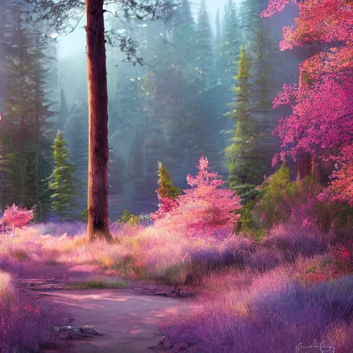 Image similar to solace hermatige cottage peaceful clouds beautiful woods trees pine, nice view, gradient of pink and blue, mystical realistic poster with shaded lighting by craig mallismo, artgerm, jeremy lipkin and michael garmash, unreal engine, radiant light, detailed and complex environment city utopia spirituality sacred geometry with implied lines