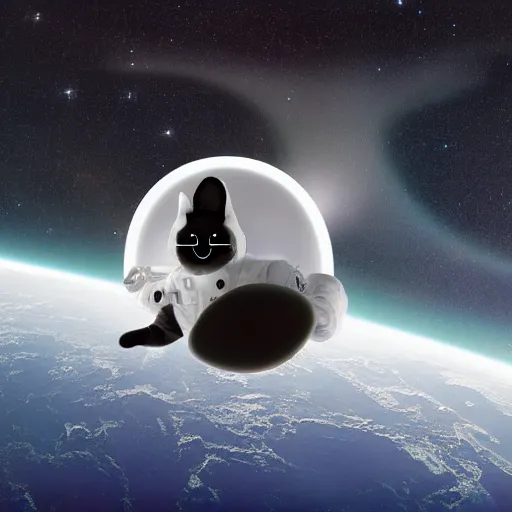 Prompt: a photorealistic picture of a black cat in a white astronaut helmet floating in space among the stars