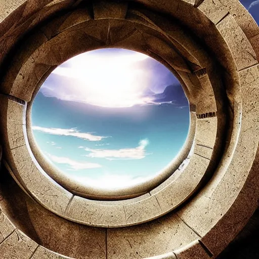 Image similar to stargate made of stone that form a circle, cinematic view, epic sky by android jones