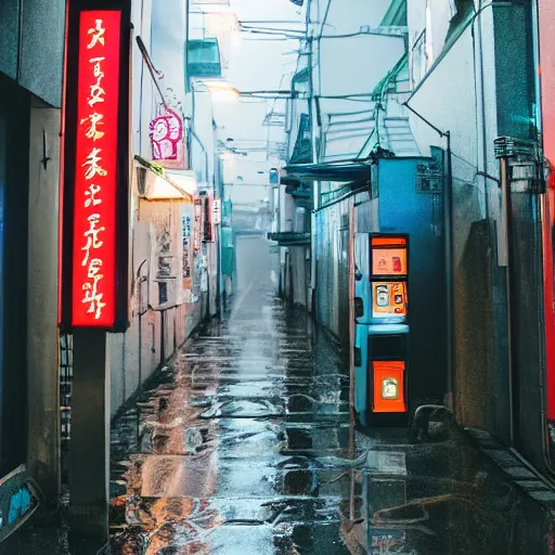 Prompt: Rainy Japanese alleyway with a vending machine, neon lights, powerlines hanging above, in the style of Makoto Shinkai