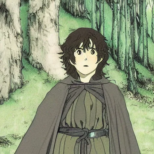 Image similar to peregrin took from the anime lord of the rings (1986), dark hair, green cape, hobbit, in the forest, studio ghibli, very detailed, realistic