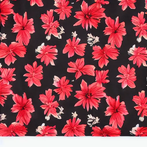 Prompt: aloha shirt black flower on red, photograph, realistic, filmic, cinematic