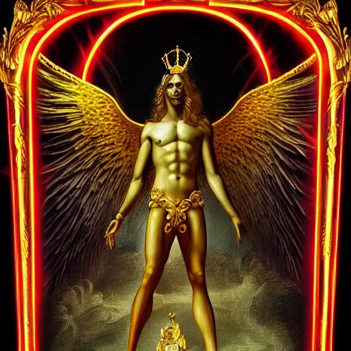 Image similar to Oil canvas of Lucifer, ruler of Inferno, capital sin of Pride, Superbia, natural blonde gold like hair, intricate sophisticated well rounded face, good bone structure, bright glowing eyes as LEDs and neon, lean body, porcelain looking skin, attractive and good looking, tall, invincible, poses triumphantly over the remains of Heaven, wearing a crown made of Michael the archangel skull, by Michelangelo, Dark Fantasy mixed with Socialist Realism, exquisite art, art-gem, dramatic representation, hyper-realistic, atmospheric scene, cinematic, trending on ArtStation, photoshopped, deep depth of field, intricate detail, finely detailed, small details, extra detail, attention to detail, detailed picture, symmetrical, 2D art, digital art, golden hour, oil painting, 8k, 4k, high resolution, unreal engine 5, octane render, arnold render, 3-point perspective, polished, complex, stunning, breathtaking, awe-inspiring, award-winning, ground breaking, concept art, nouveau painting masterpiece