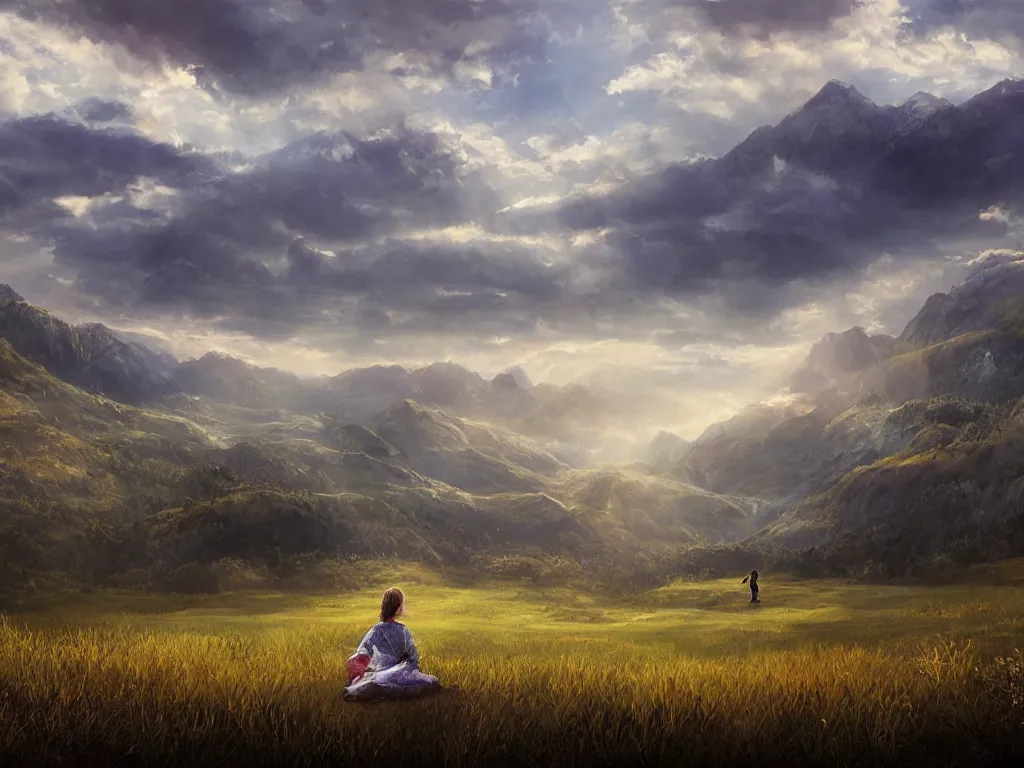 Image similar to a cinematic landscape view looking at an open field, a girl sits in the field looking at the sky, mountains in the distance with a river running down, the sun shines through the parted clouds, digital painting, fantasy, art by alexandre mahboubi and christophe oliver