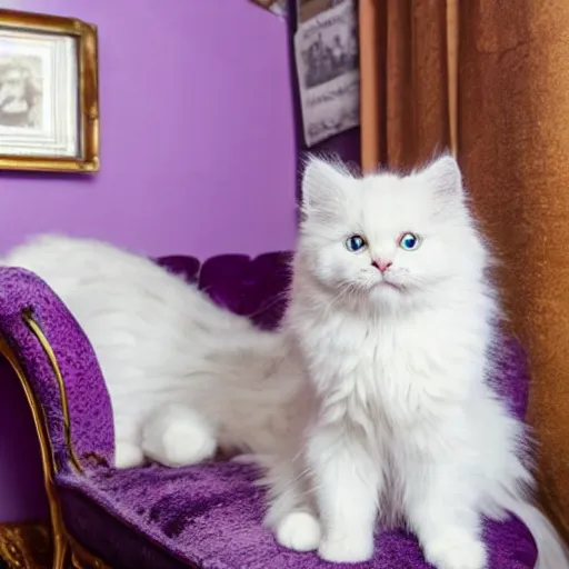 Image similar to a white Siberian kitten is sitting on a purple couch with antique vintage paintings on the walls