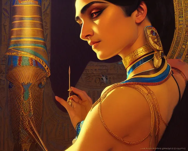 Prompt: photography of cleopatra in egypt, deep focus, intricate, elegant, highly detailed, digital painting, artstation, concept art, matte, sharp focus, illustration, art by artgerm and greg rutkowski and alphonse mucha