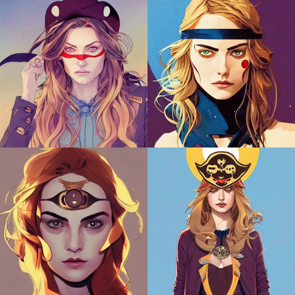 Image similar to Joshua Middleton comic art, pretty female Phoebe Tonkin, pirate, eye patch over one eye, evil smile, symmetrical face, symmetrical eyes, pirate clothing, long wavy blonde hair, full body:: sunny weather::
