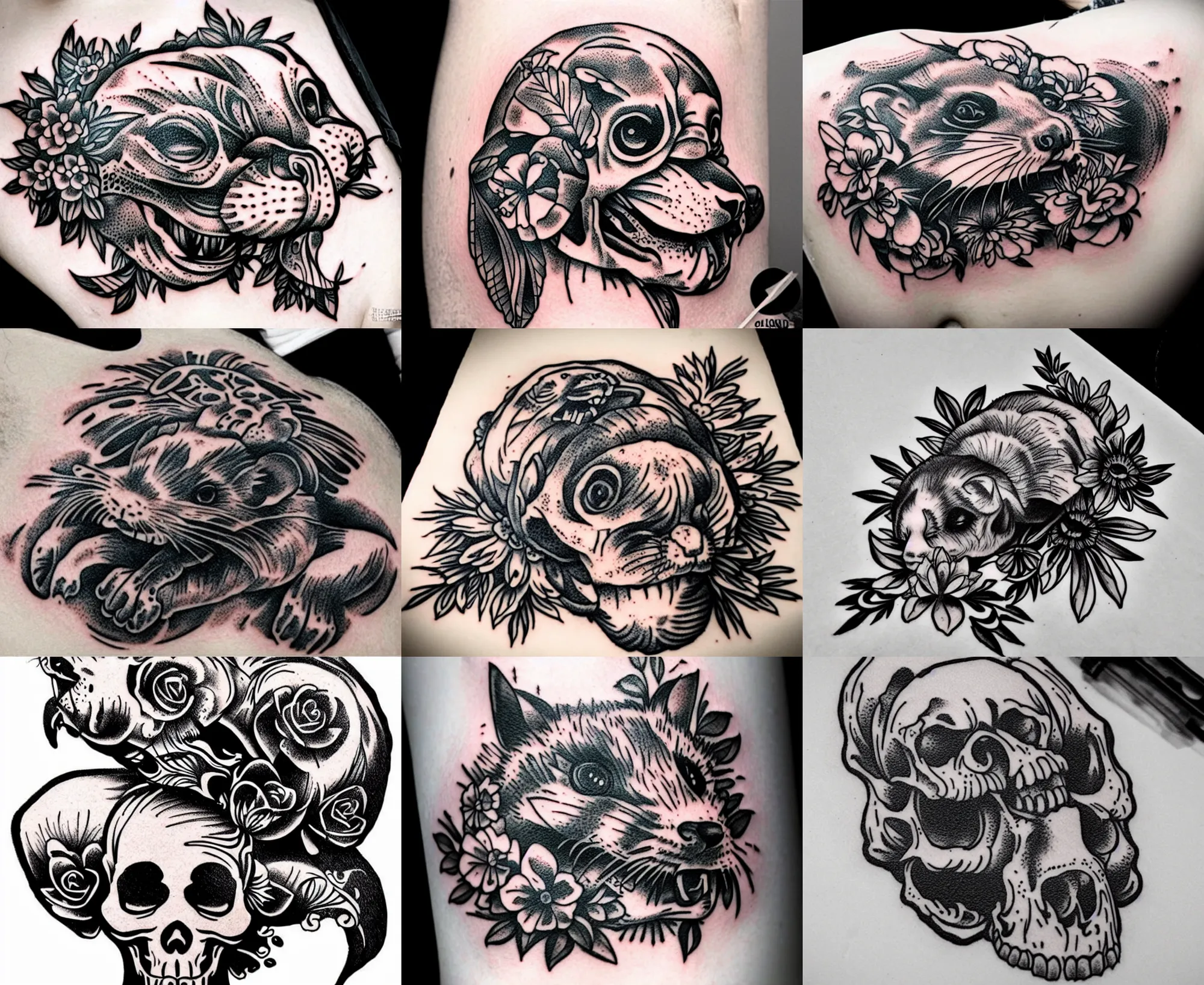 Image similar to detailed amazing tattoo stencil of a floral ferret crawling on a human skull