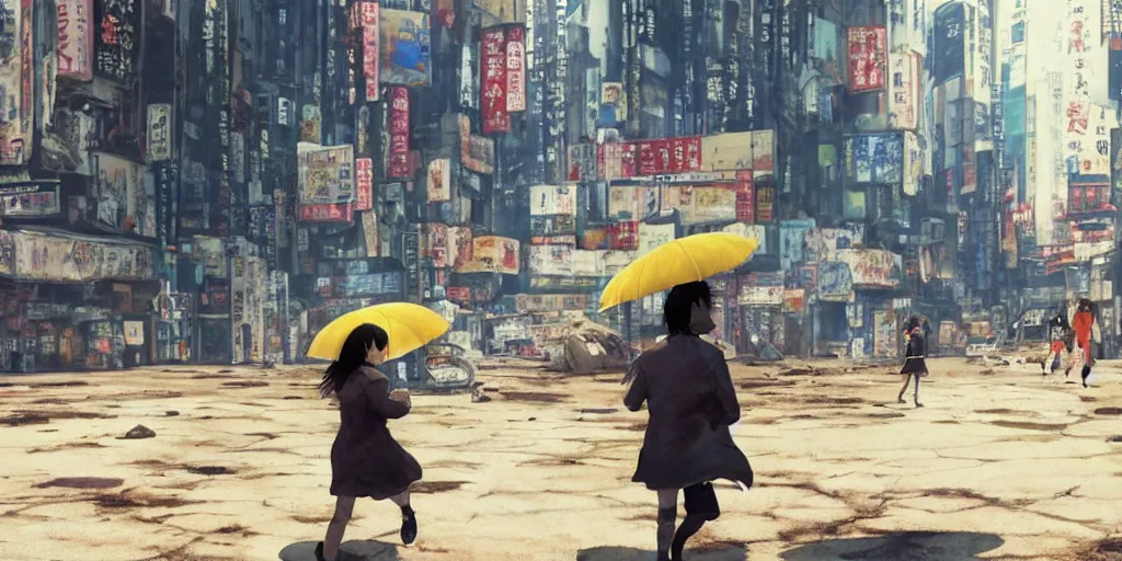 Image similar to incredible wide screenshot, ultrawide, simple watercolor, rough paper texture, ghost in the shell movie scene, backlit distant shot of girl in a parka running from a giant robot invasion side view, yellow parasol in deserted dusty shinjuku junk town, broken vending machines