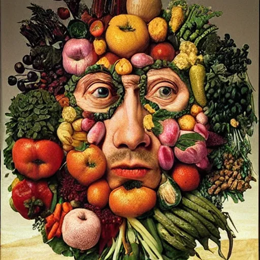 Image similar to portrait of benjamin netanyahu face made of vegetables fruits flowers, by giuseppe arcimboldo