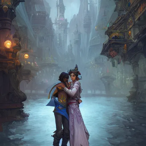 Image similar to a young couple hugging each other in a solarpunk city, D&D, fantasy, intricate, elegant, highly detailed, digital painting, artstation, concept art, matte, sharp focus, illustration, hearthstone, art by Artgerm and Greg Rutkowski and Alphonse Mucha