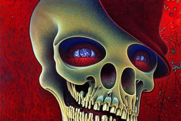 Image similar to realistic detailed closeup portrait painting of a single skeleton wearing red velvet blazer in a crowded futuristic moscow street by Jean Delville, Amano, Yves Tanguy, Alphonse Mucha, Ernst Haeckel, Edward Robert Hughes, Roger Dean, rich moody colours, blue eyes