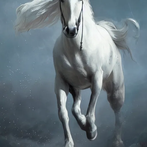 Image similar to a white horse The one who rode him carried arrows and a bow in his hand, and they gave him a crown, digital Art, Greg rutkowski Trending artstation