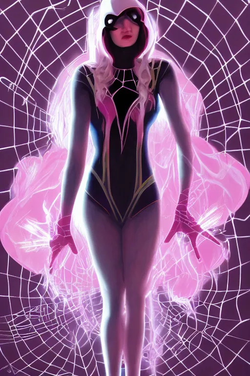 Image similar to a dramatic ethereal epic painting of Spider-Gwen | tarot card, art deco, art nouveau, realistic | dramatic lighting | by Dresden Codak, by Mark Maggiori and Alphonse Mucha | trending on artstation