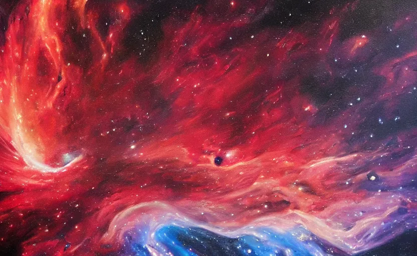 Image similar to an oil painting of a beautiful space nebula, red and black; hyper-detailed; an extraordinary masterpiece!!!; flawless; trending on artstation