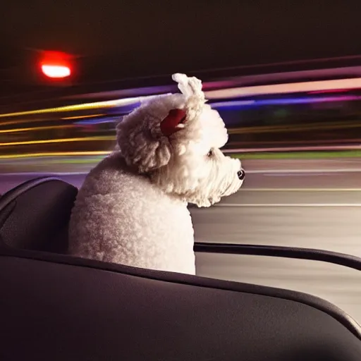 Prompt: a photorealistic image of bichon frise riding in the back on an uber through Hollywood at dusk. This 4K HD image is Trending on Artstation, featured on Behance, well-rendered, extra crisp, features intricate detail and the style of Unreal Engine.